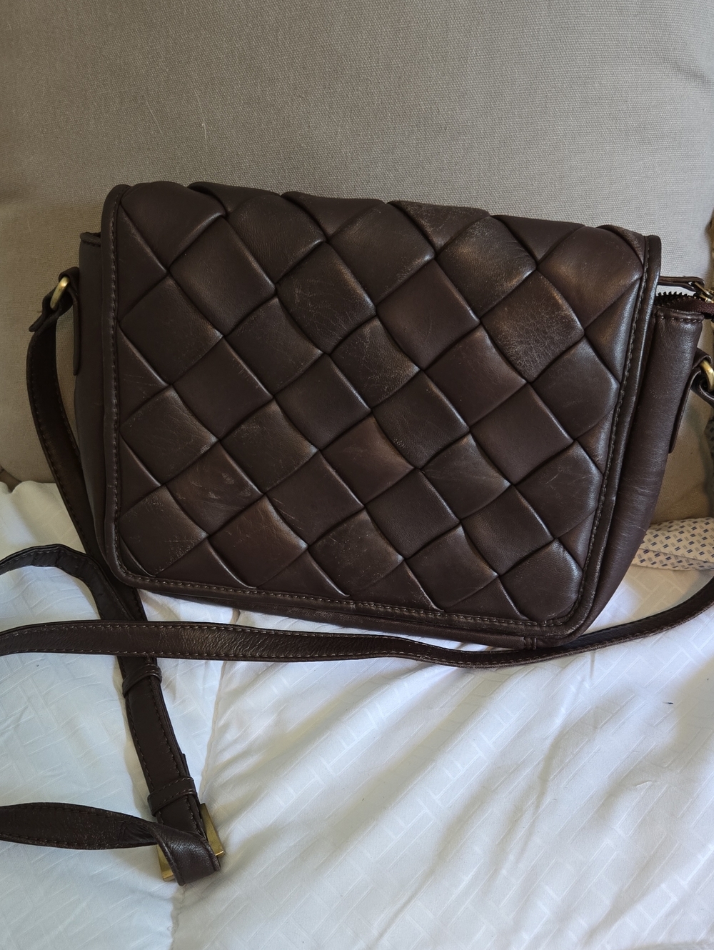 Woven Leather Crossbody Bag in Dark Brown